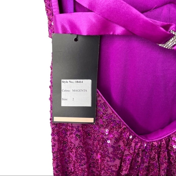 La Femme Strapless Sequin Gown Magenta Pink Cross Back Size 2 Prom Wedding Prom - Picture 11 of 13
